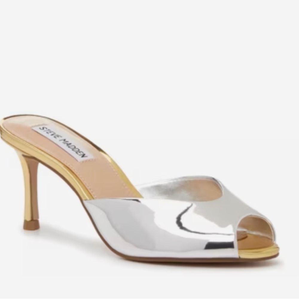 Steve Madden Metallic Silver / gold slide peep toe kitten heel NEW
